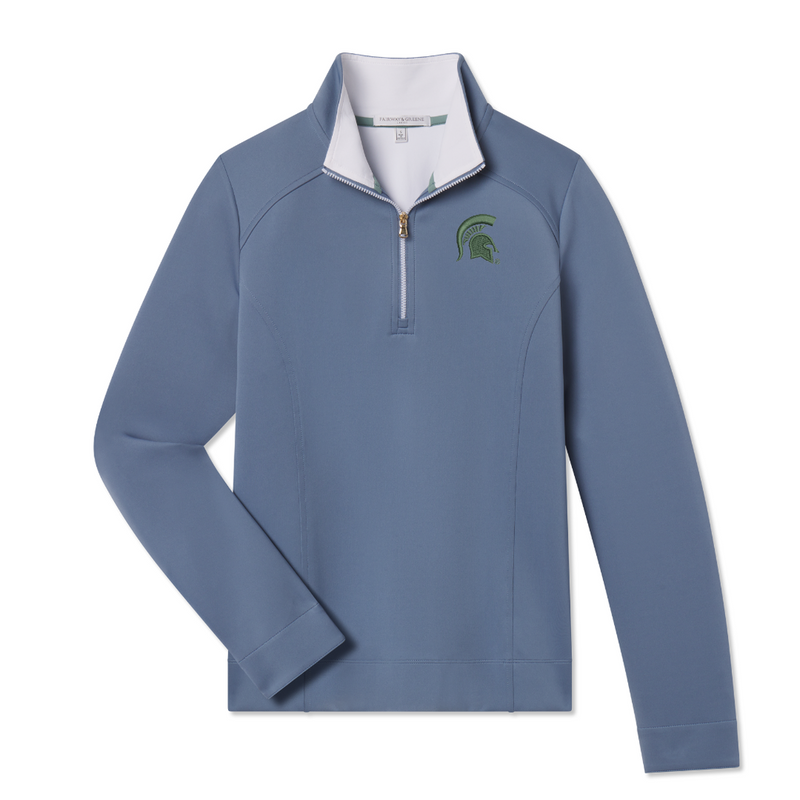 Loch blue 1/4 zip up sweatshirt with green Spartan head logo on the right side.