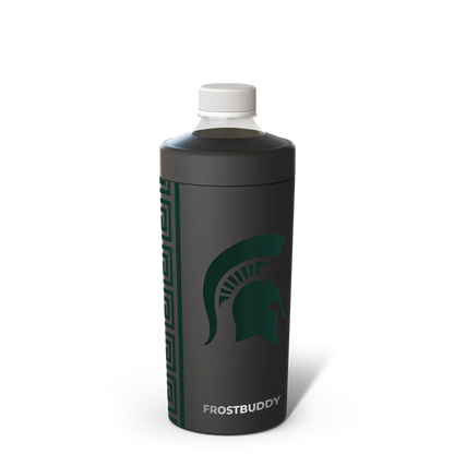 Black can and bottle cooler with "Frost Buddy" branding with a green Spartan Helmet logo and geometric design. 