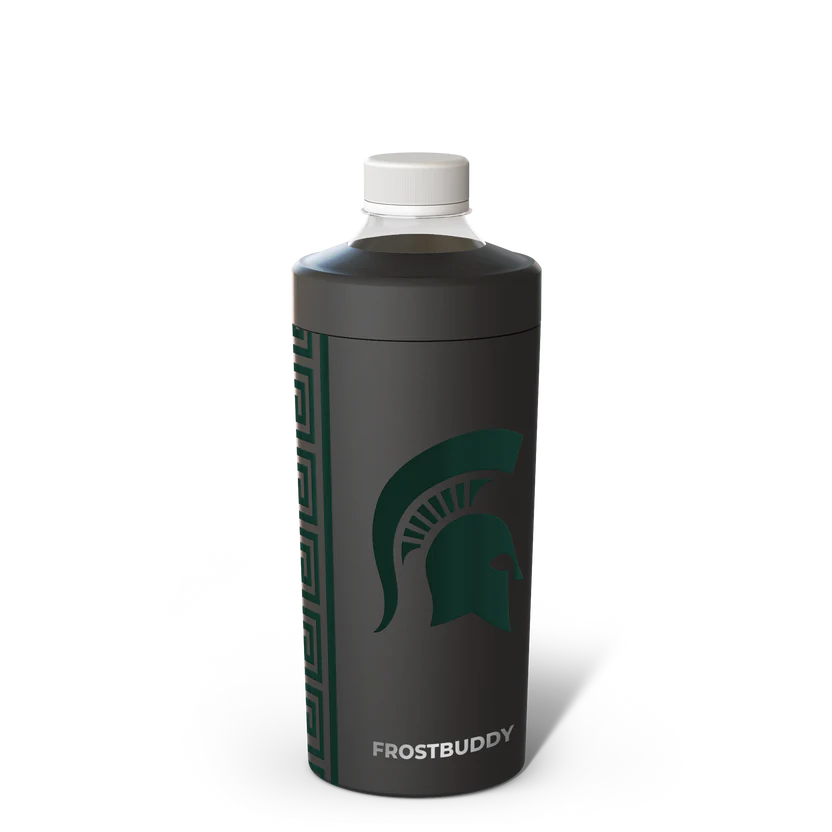 Black can and bottle cooler with "Frost Buddy" branding with a green Spartan Helmet logo and geometric design. 
