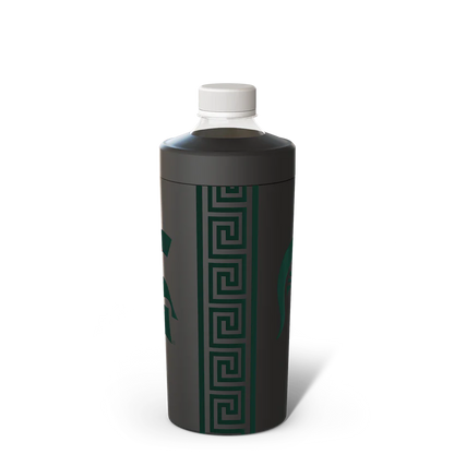 Black can and bottle cooler with "Frost Buddy" branding with green MSU Spartan Helmet and geometric design. 
