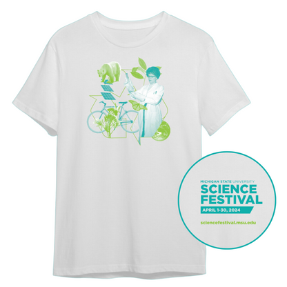 A youth white crewneck T-shirt with teal and lime colored graphics including a polar bear, recycling symbol, globe, and a woman scientist in a lab coat holding up a beaker. The back graphic of the T-shirt has teal text reading "Michigan State University Science Festival April 1-30, 2024" above lime green text reading "sciencefestival.msu.edu." The back of the shirt is featured in the circle icon on the bottom right of the image.