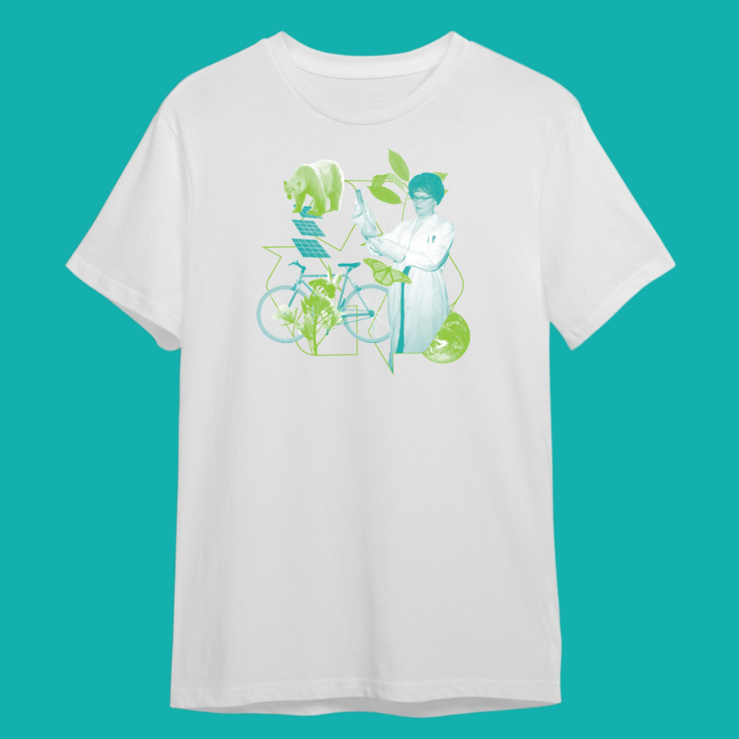 The front of a youth white crewneck T-shirt on a teal background. Across the center chest are teal and lime colored graphics including a polar bear, recycling symbol, globe, and a woman scientist in a lab coat holding up a beaker. 
