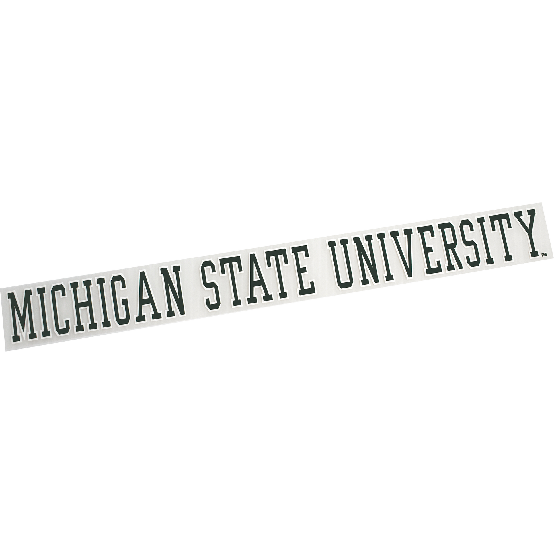 Individual forest green block letters with white outlines reading "Michigan State University" in one line.
