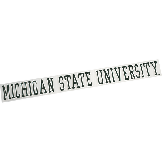 Individual forest green block letters with white outlines reading "Michigan State University" in one line.