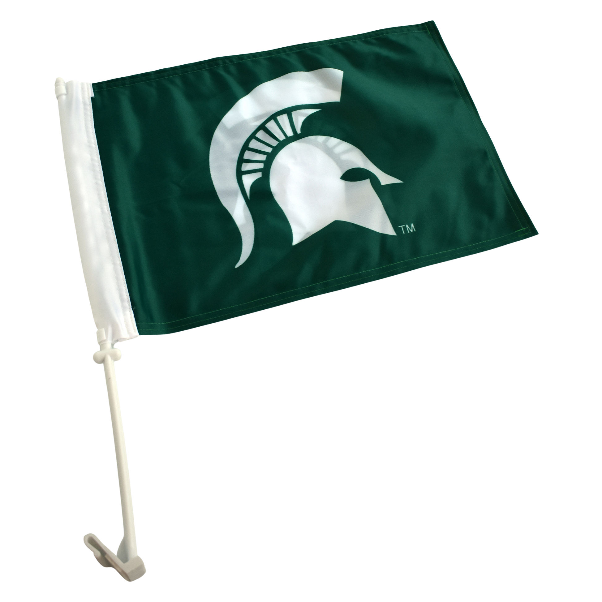 Dark green flag with a white Spartan Helmet centered. The white pole has a hook to attach to car windows.