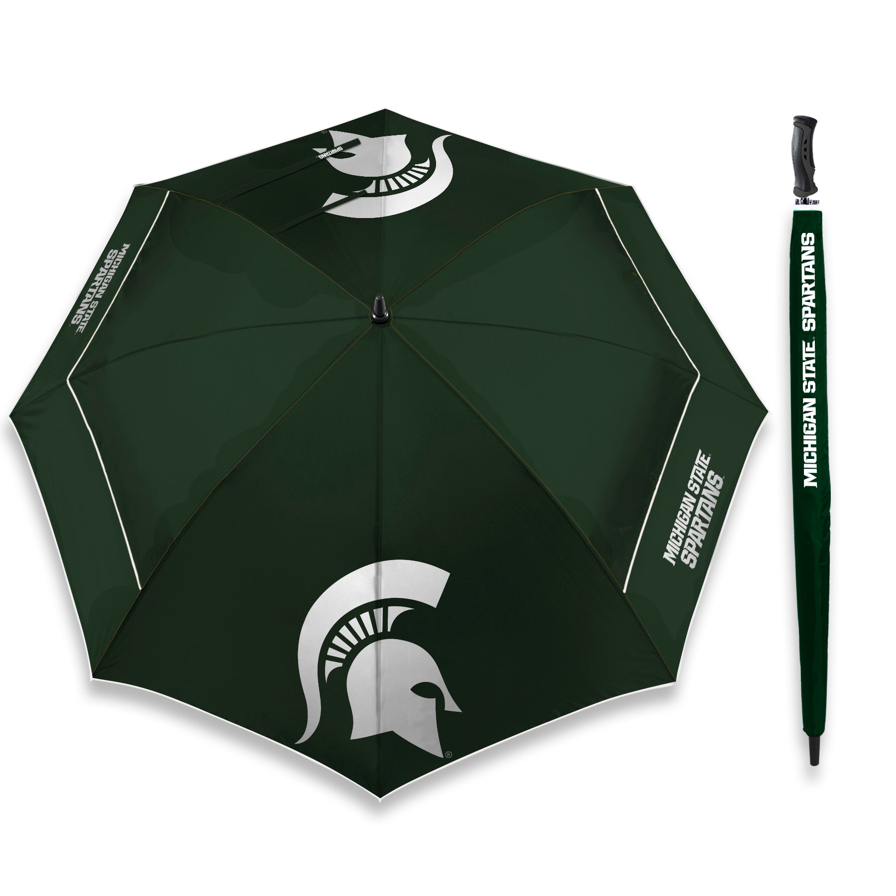 Dark green umbrella with eight panels. Two white Spartan helmets each span the center-bottom of two panels on opposite sides. The other four panels have a white stripe with two reading "Michigan State Spartans" along the bottom