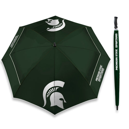 Dark green umbrella with eight panels. Two white Spartan Helmet logos that span on the center-bottom of two panels opposite of each other. The other four panels have a white stripe with text along the bottom of two panels that reads "Michigan State Spartans." On the right side of the image is a closed version of the umbrella with white text that reads "Michigan State Spartans."