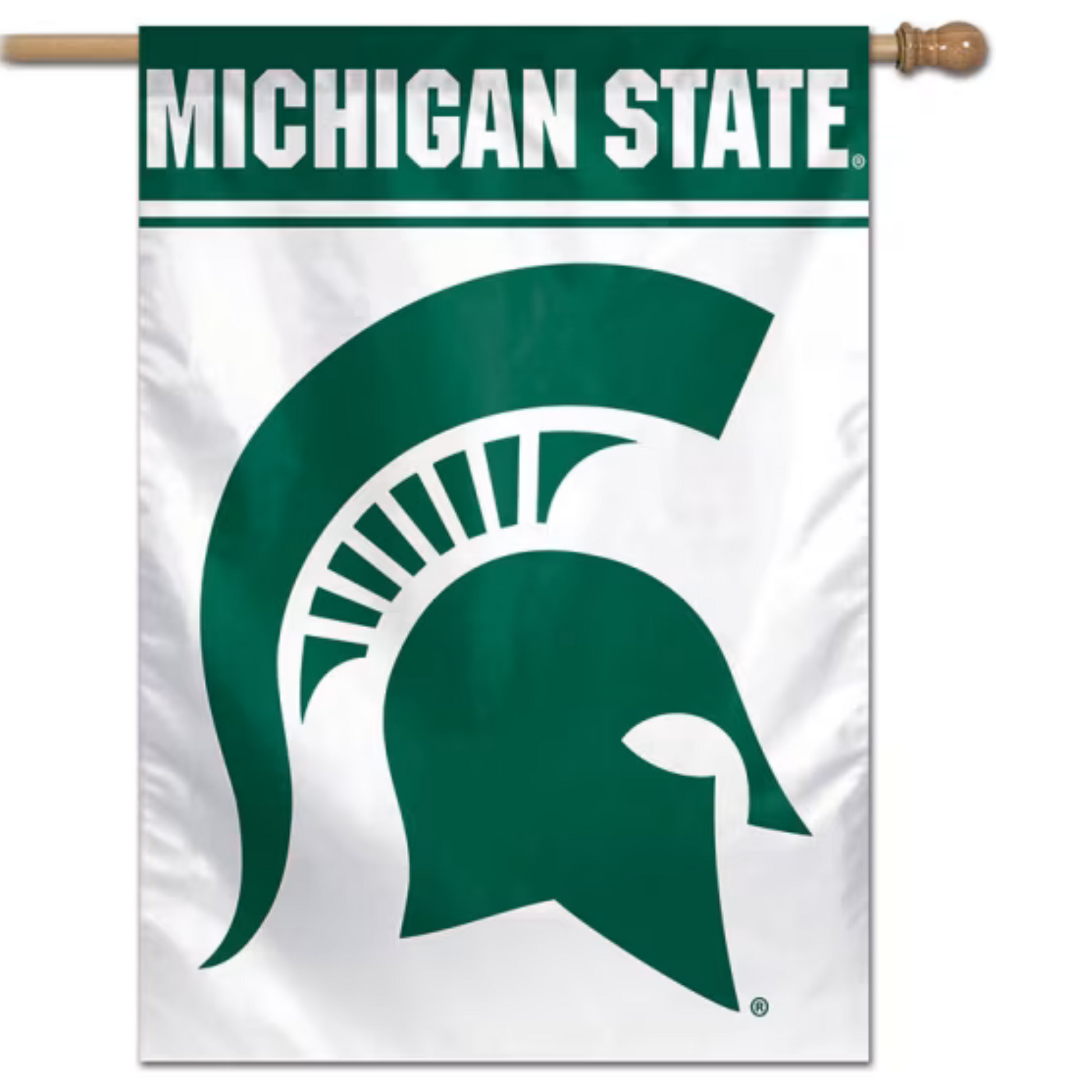 White vertical hanging flag with a dark green Spartan Helmet centered. Along the top, a green block reads Michigan State in white block letters, with a thin green strip underneath the block. At the top of the block is a pocket for hanging.