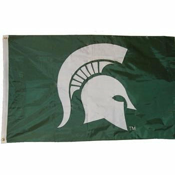 Dark green flag with a large white Spartan Helmet logo centered. The left side has a white binding with two gold rivets for hanging.