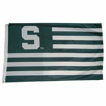 Flag with dark green and white stripes like an American flag. In the top left corner, a dark green box has a large white block S centered. Left side has a white binding with two gold rivets for hanging.