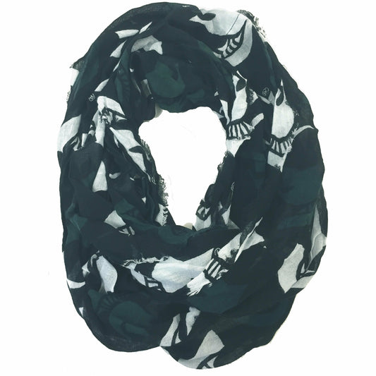 Dark green infinity scarf patterned with large white and green Spartan Helmet logos and a frayed edge.