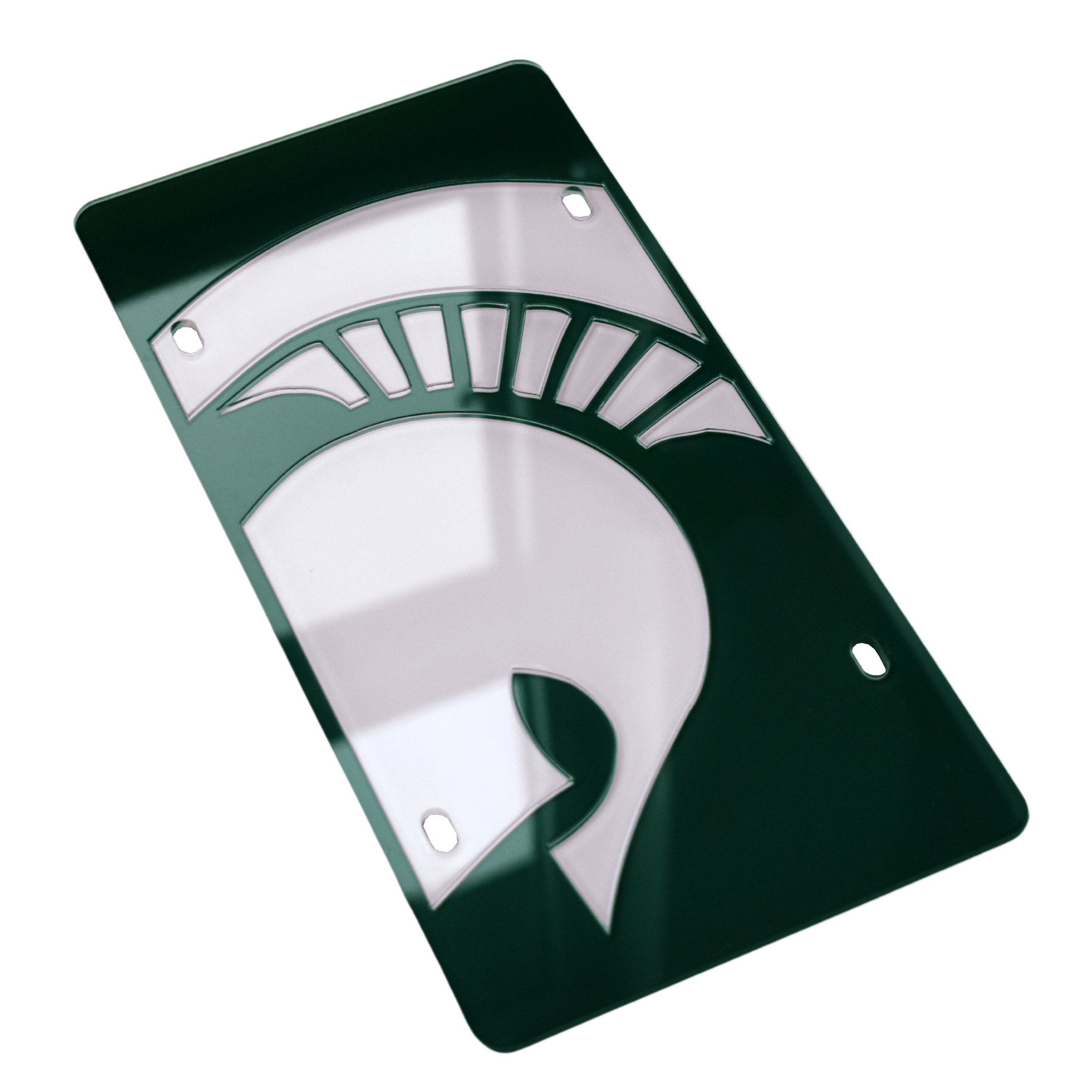 Dark green license plate with four screw slots. A white Spartan helmet is tipped at a slight diagonal angle and blown up to expand outside of the visible frame.