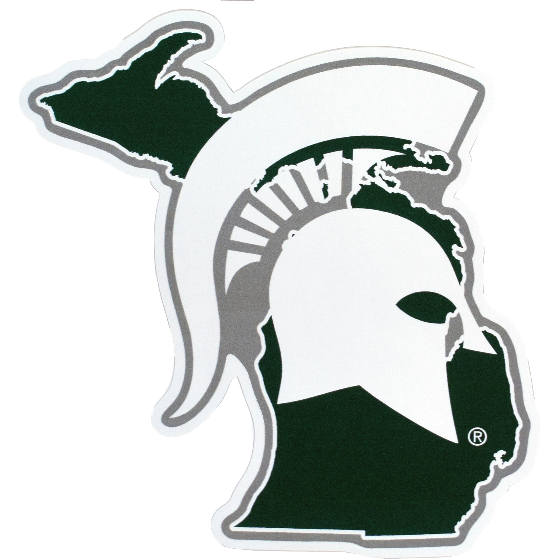 Cut out decal in the shape of the state of Michigan (dark green) with a large white Spartan Helmet overlaid. The entire decal is outlined in white with open space filled in with a medium gray.