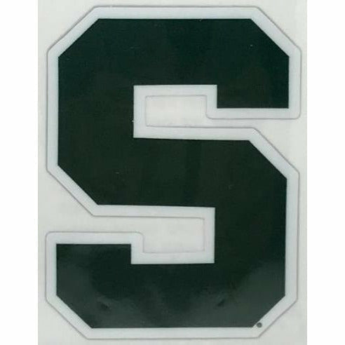 Cut out decal in the shape of a block S, which is dark green with a white outline.