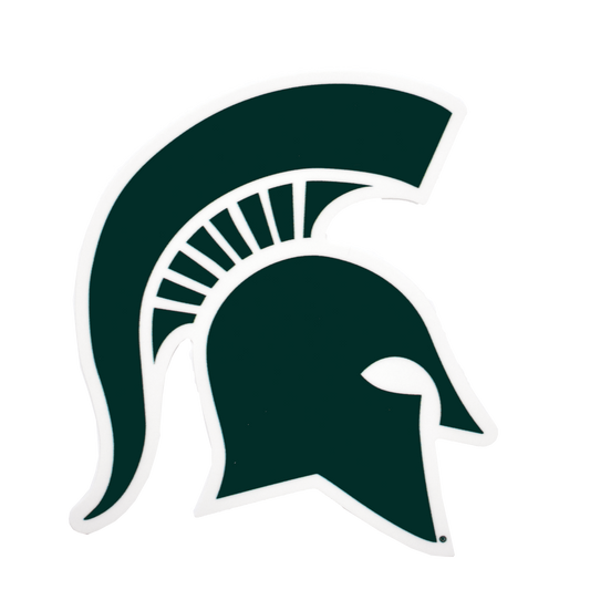 A dark green Spartan Helmet decal outlined in white. 