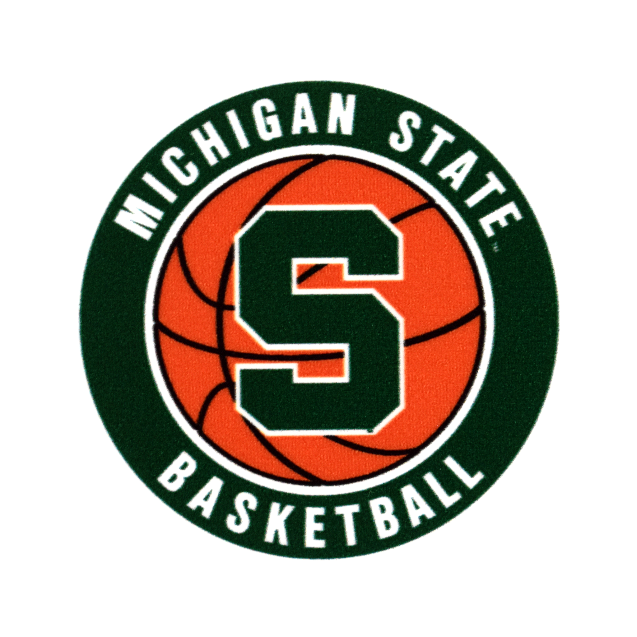 Circular decal with an orange basketball in the center with a dark green block s printed over it. Around the outside is a dark green border with all caps text reading Michigan State Basketball