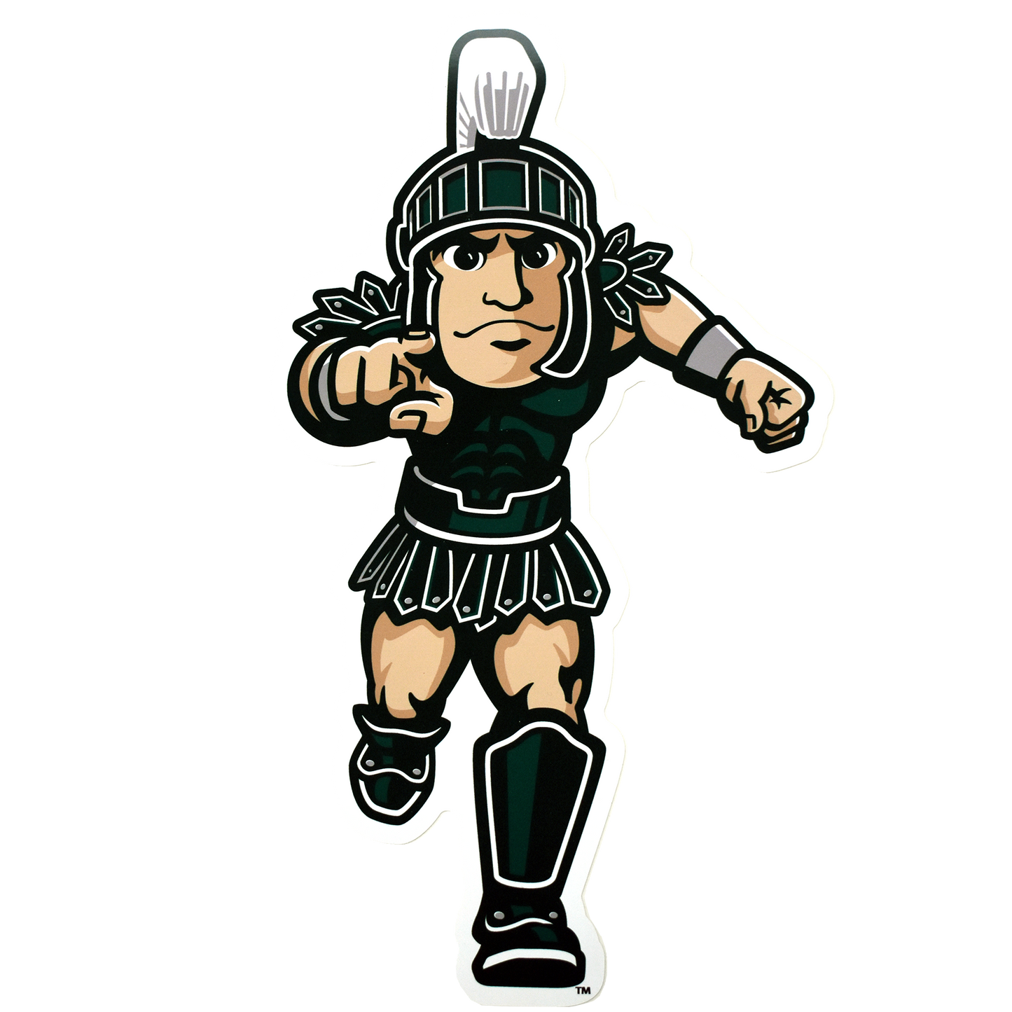A full-color Sparty mascot decal. Sparty is running towards and pointing at the viewer.