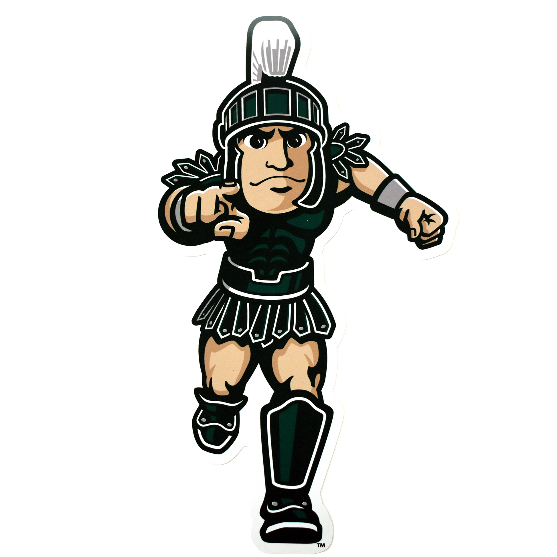 A full-color Sparty mascot decal. Sparty is running towards and pointing at the viewer.