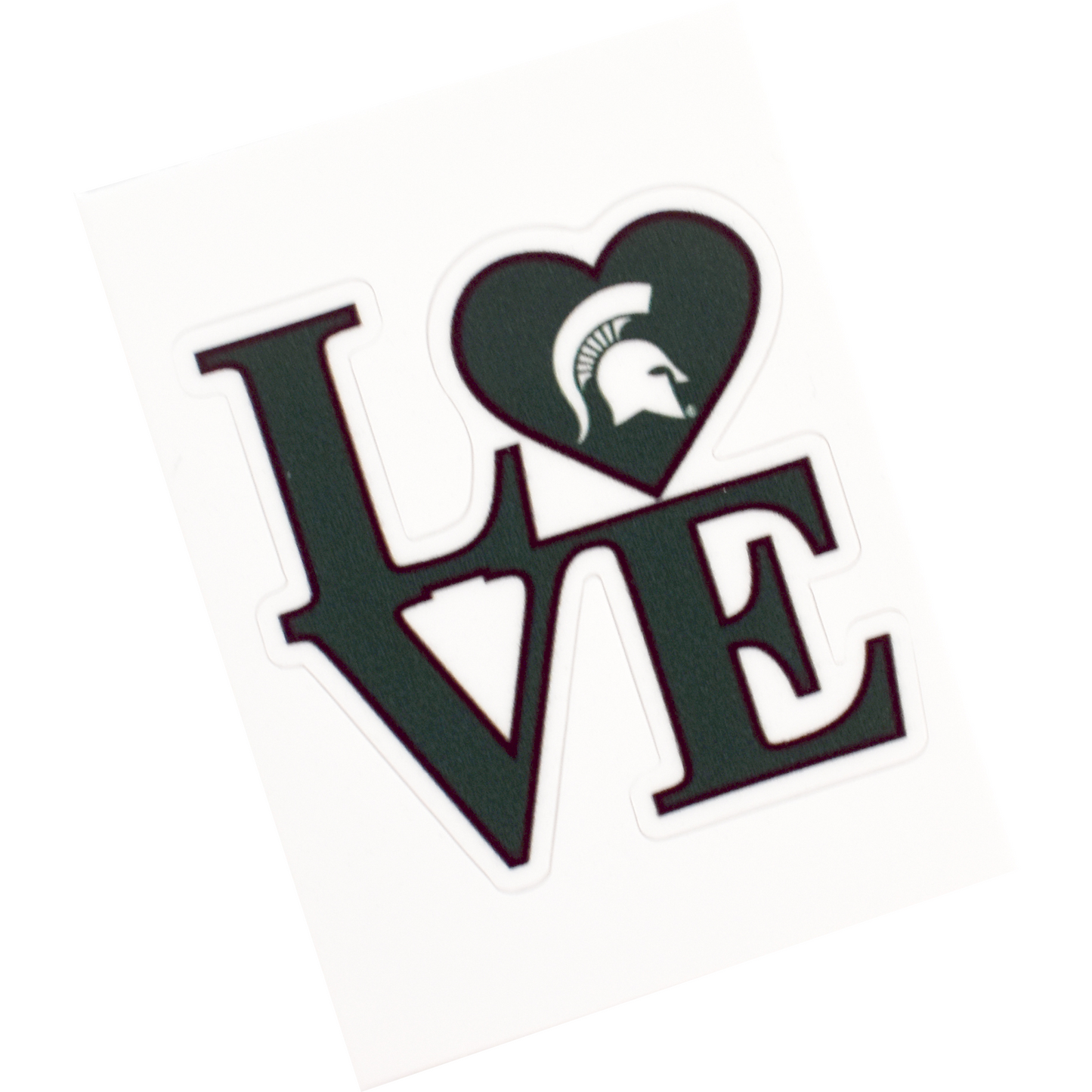 Dark green decal cutout in the shape of 2 x 2 letters spelling out love in all caps. The O is replaced by a heart with a white Spartan Helmet logo inside.