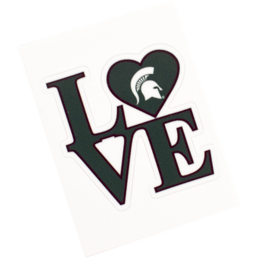 Dark green decal cutout in the shape of 2 x 2 letters spelling out love in all caps. The O is replaced by a heart with a white Spartan Helmet logo inside.