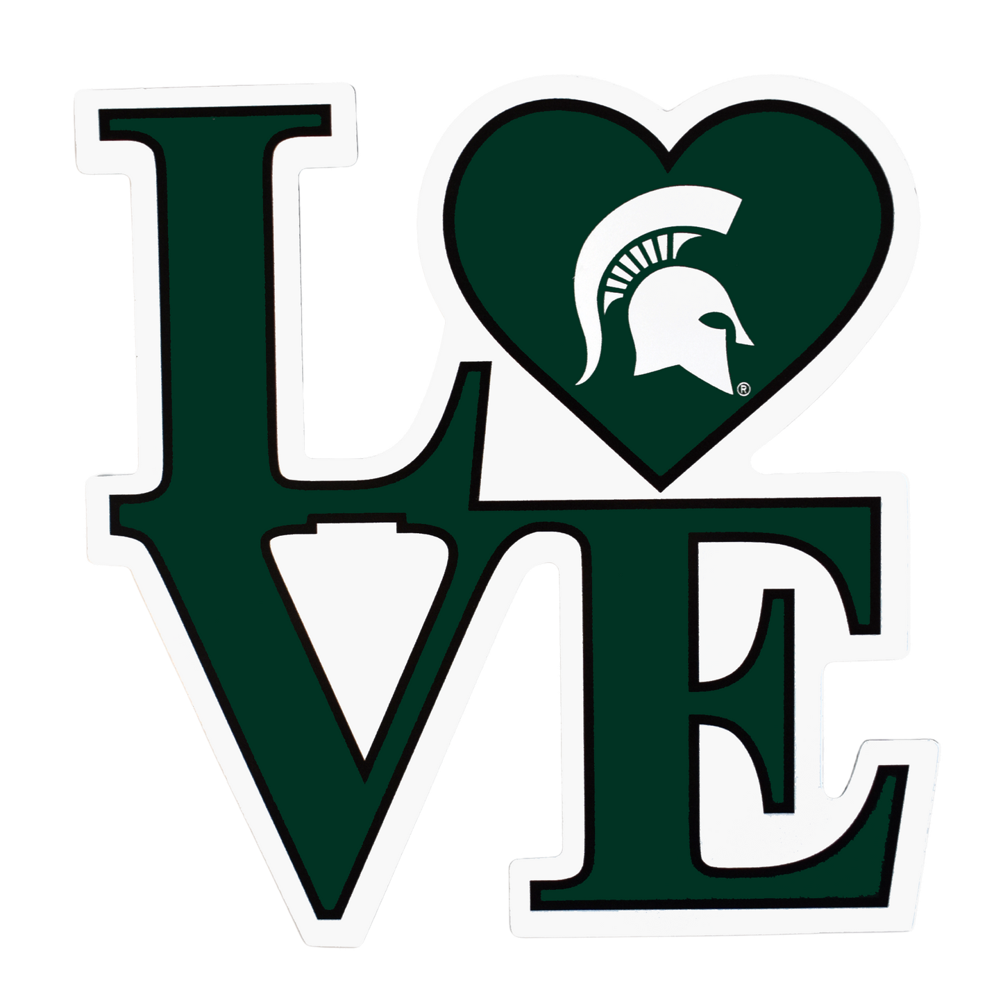 Dark green magnet cutout in the shape of 2 x 2 letters spelling out love in all caps. The O is replaced by a heart with a white Spartan Helmet logo inside.