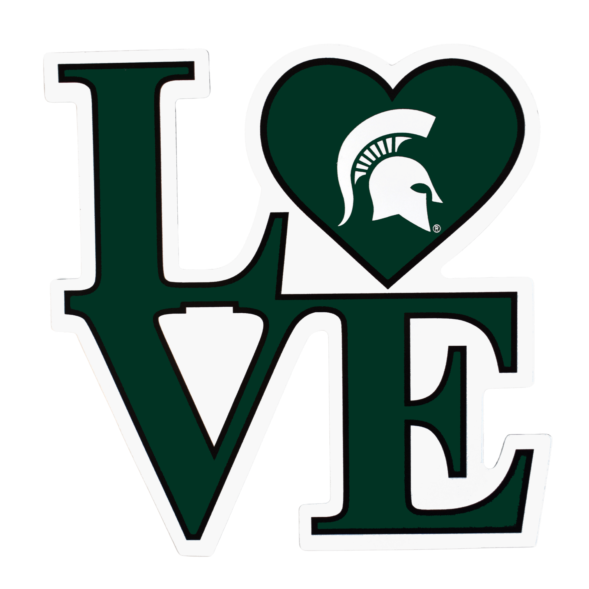 Dark green magnet cutout in the shape of 2 x 2 letters spelling out love in all caps. The O is replaced by a heart with a white Spartan Helmet logo inside.