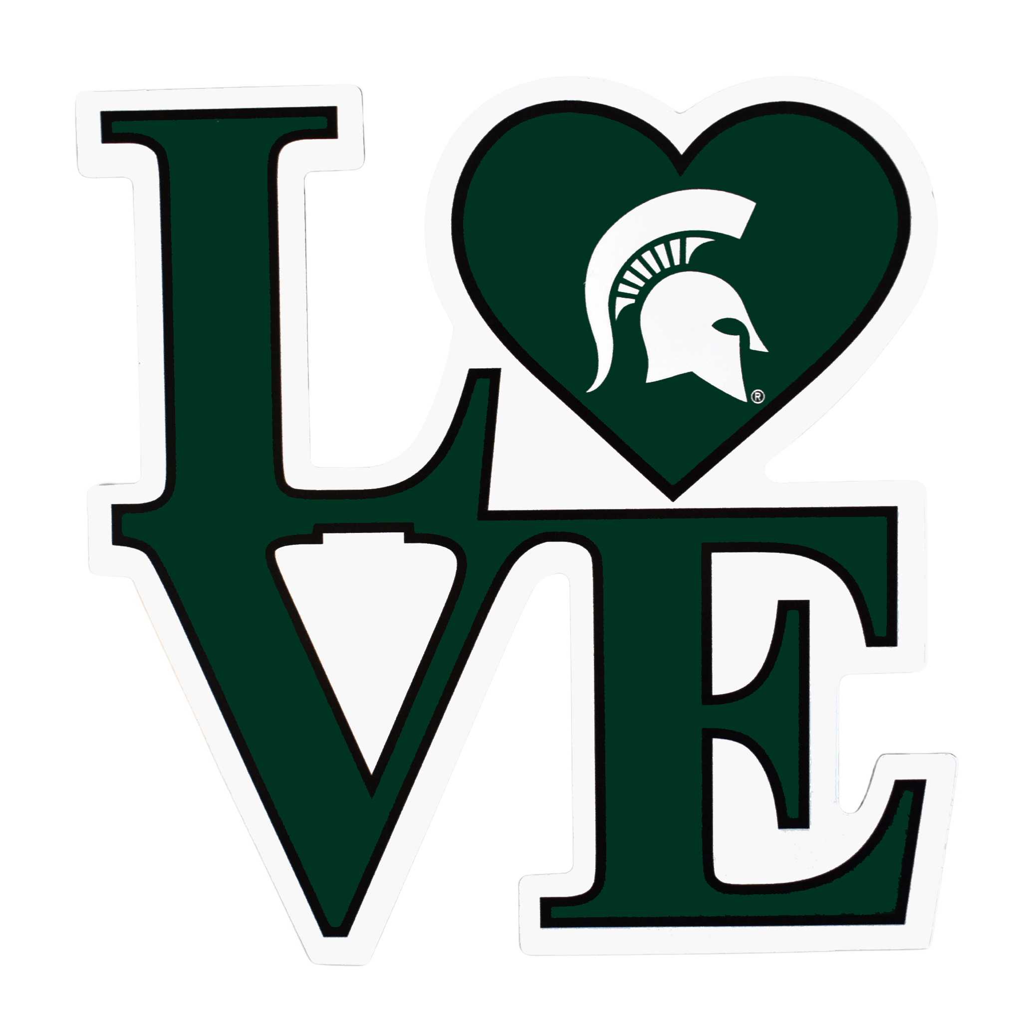 Dark green magnet cutout in the shape of 2 x 2 letters spelling out love in all caps. The O is replaced by a heart with a white Spartan helmet inside.