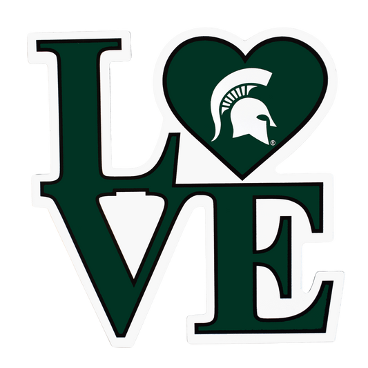 Dark green magnet cutout in the shape of 2 x 2 letters spelling out love in all caps. The O is replaced by a heart with a white Spartan Helmet logo inside.