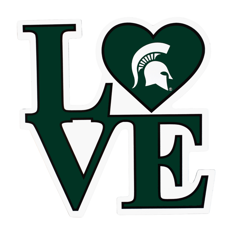 Dark green magnet cutout in the shape of 2 x 2 letters spelling out love in all caps. The O is replaced by a heart with a white Spartan helmet inside.