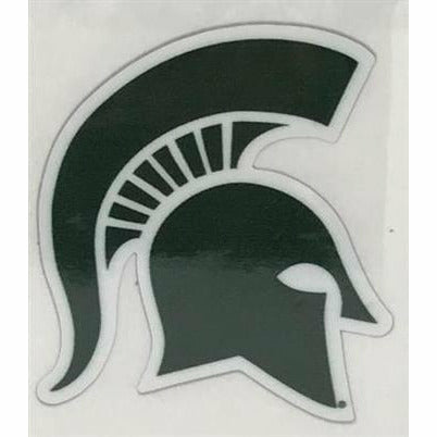 Cut out auto magnet in the shape of a Spartan Helmet logo, which is dark green with white outlines.