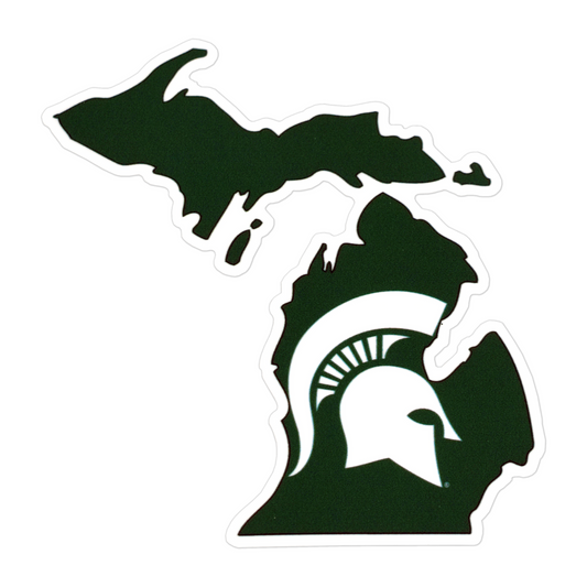 Cutout dark green decal in the shape of the state of Michigan, outlined in white. A white Spartan Helmet logo is centered in the lower peninsula.