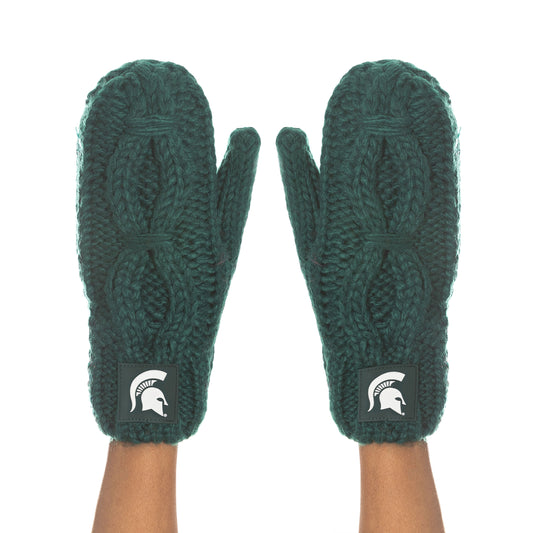 Two arms with dark green cable knit mittens covering the hands. Mittens have a green patch printed with a white Spartan Helmet logo at each wrist.