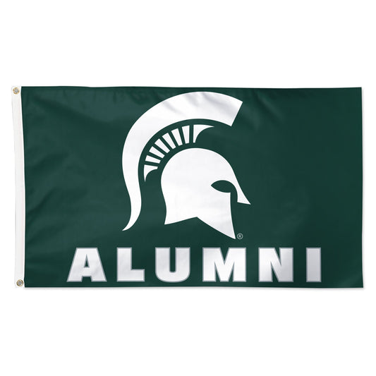 Dark green flag printed with white Spartan Helmet logo above the word "Alumni" in white block letters.