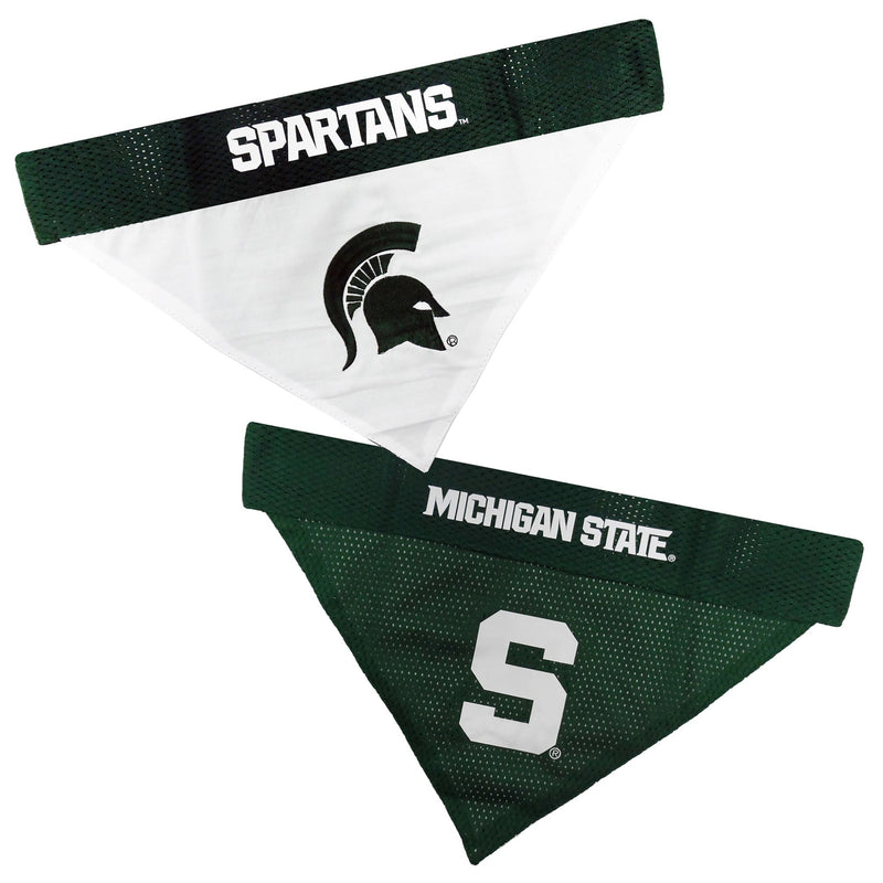 Both sides of the reversible pet bandana. Collar slip is green mesh on both sides.