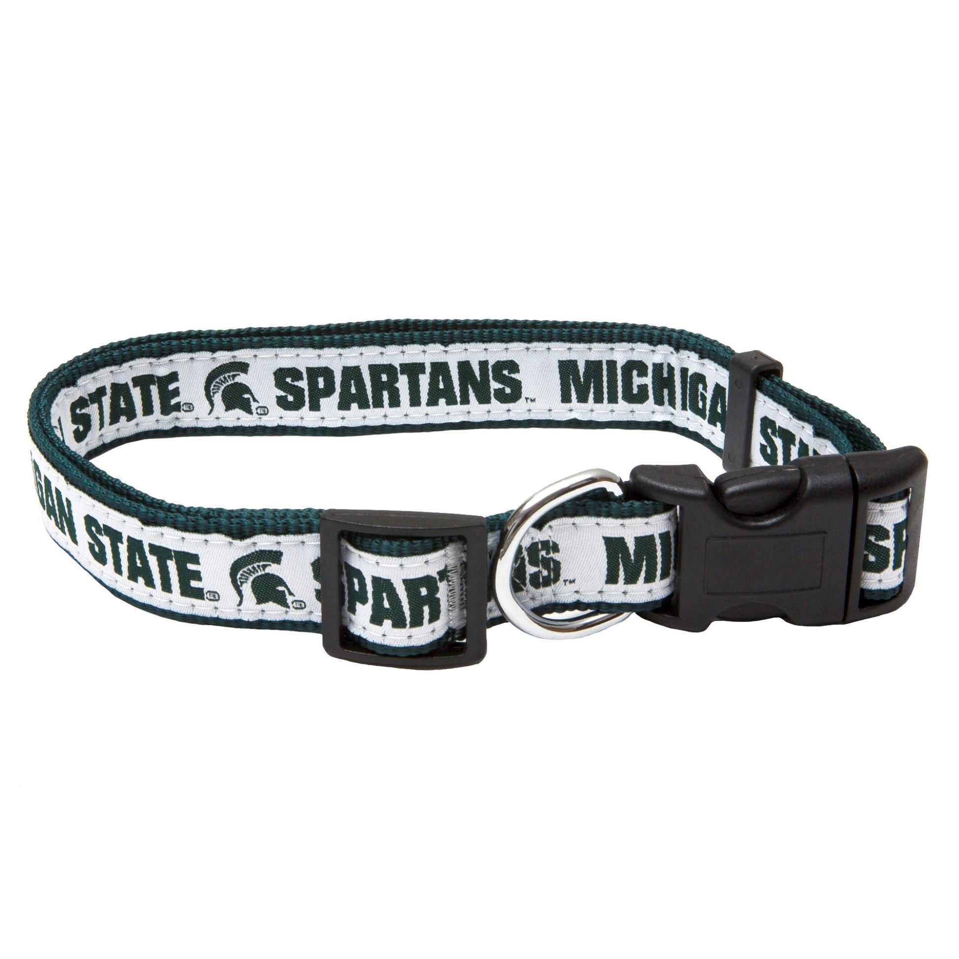 Green woven collar with a solid white ribbon that reads Michigan State and Spartans on either side of a Spartan Helmet logo, all in dark green. The black plastic clasp is next to a silver metal D-ring for attaching leashes and pet tags.