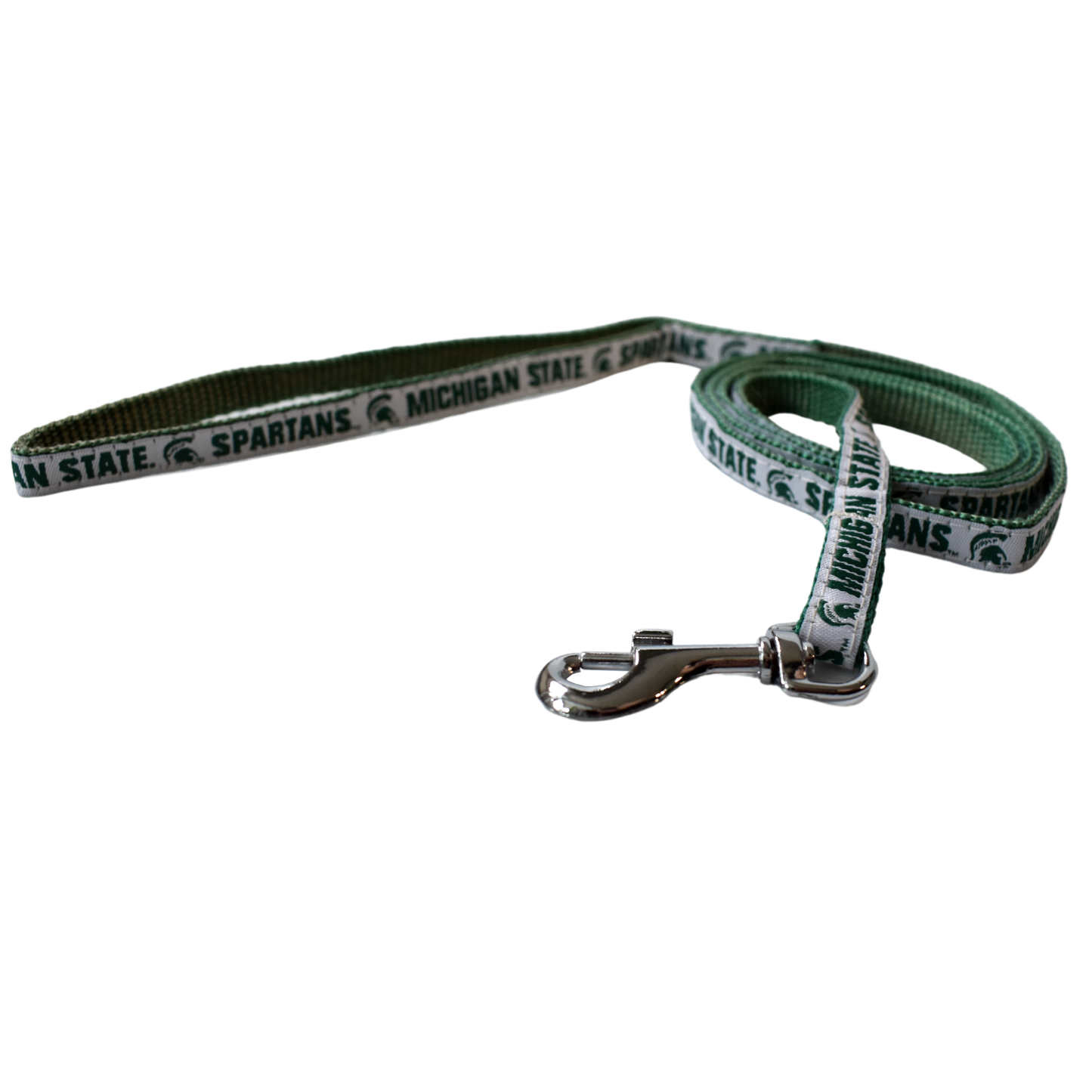 Green woven leash with one side having a solid white ribbon that reads Michigan State and Spartans on either side of a Spartan Helmet logo, all in dark green. At one end is a silver metal spring hook.