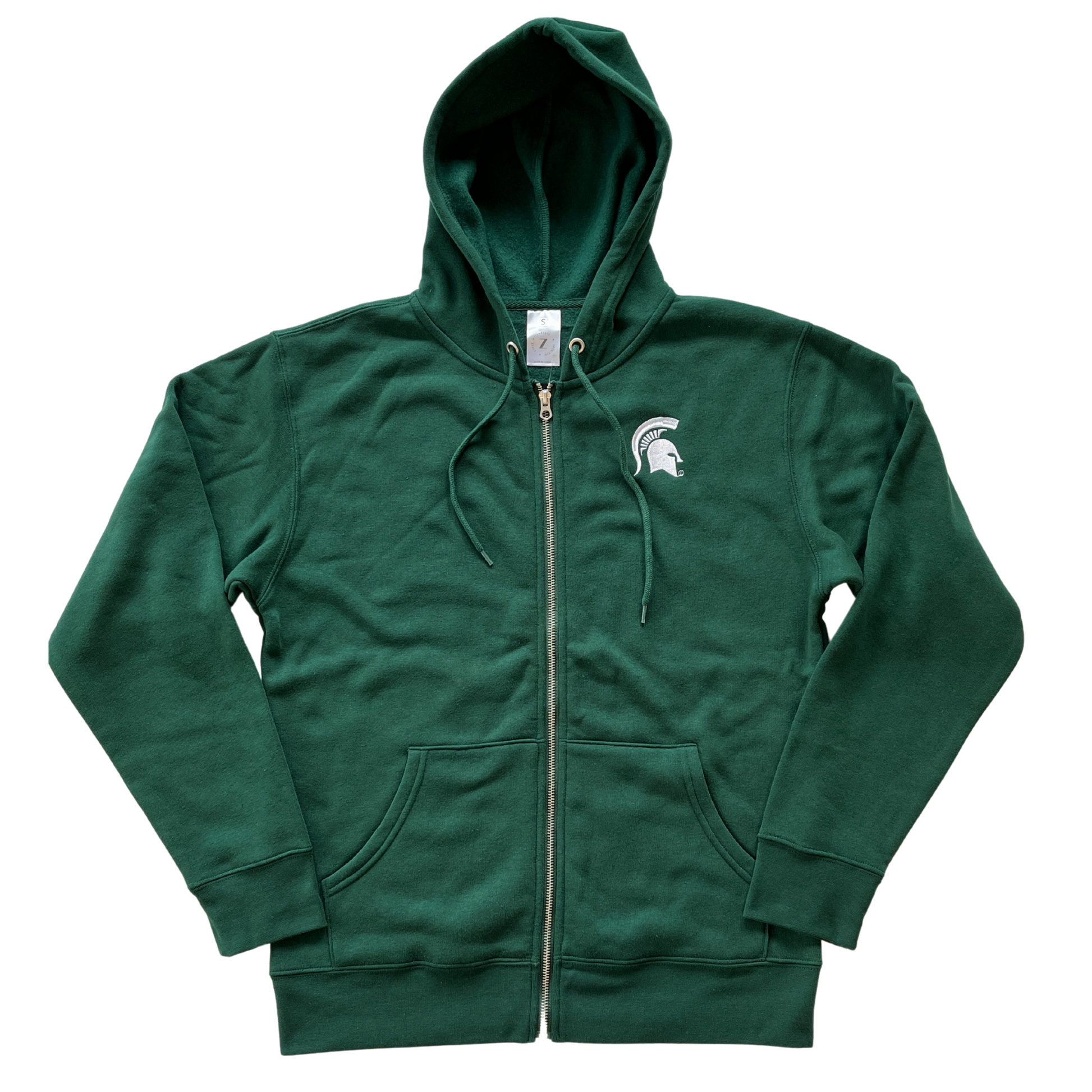 A green full-zip hoodie with a white Spartan Helmet logo at left chest.
