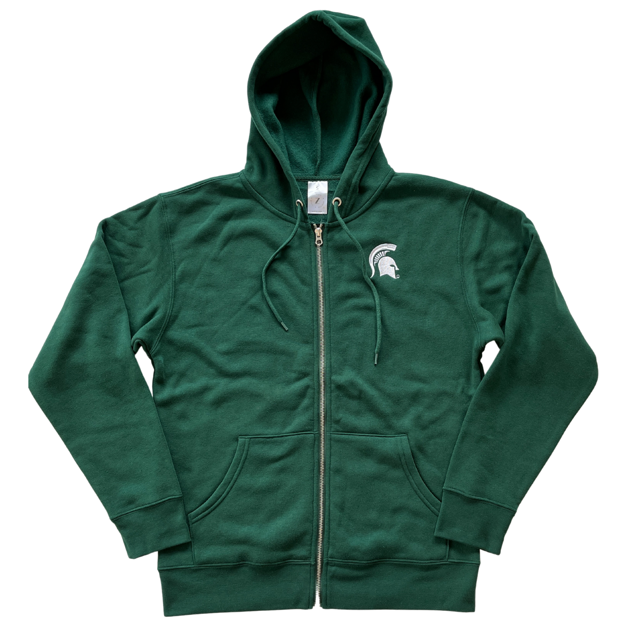 A green full-zip hoodie with a white MSU Spartan helmet logo at left chest.
