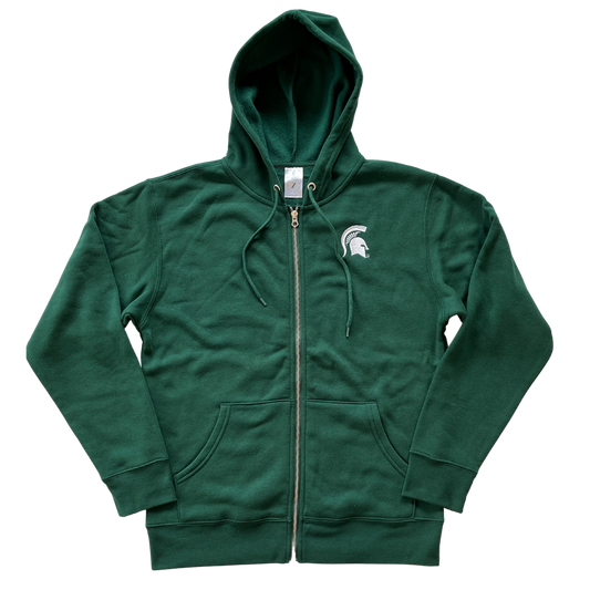 A green full-zip hoodie with a white Spartan Helmet logo at left chest.