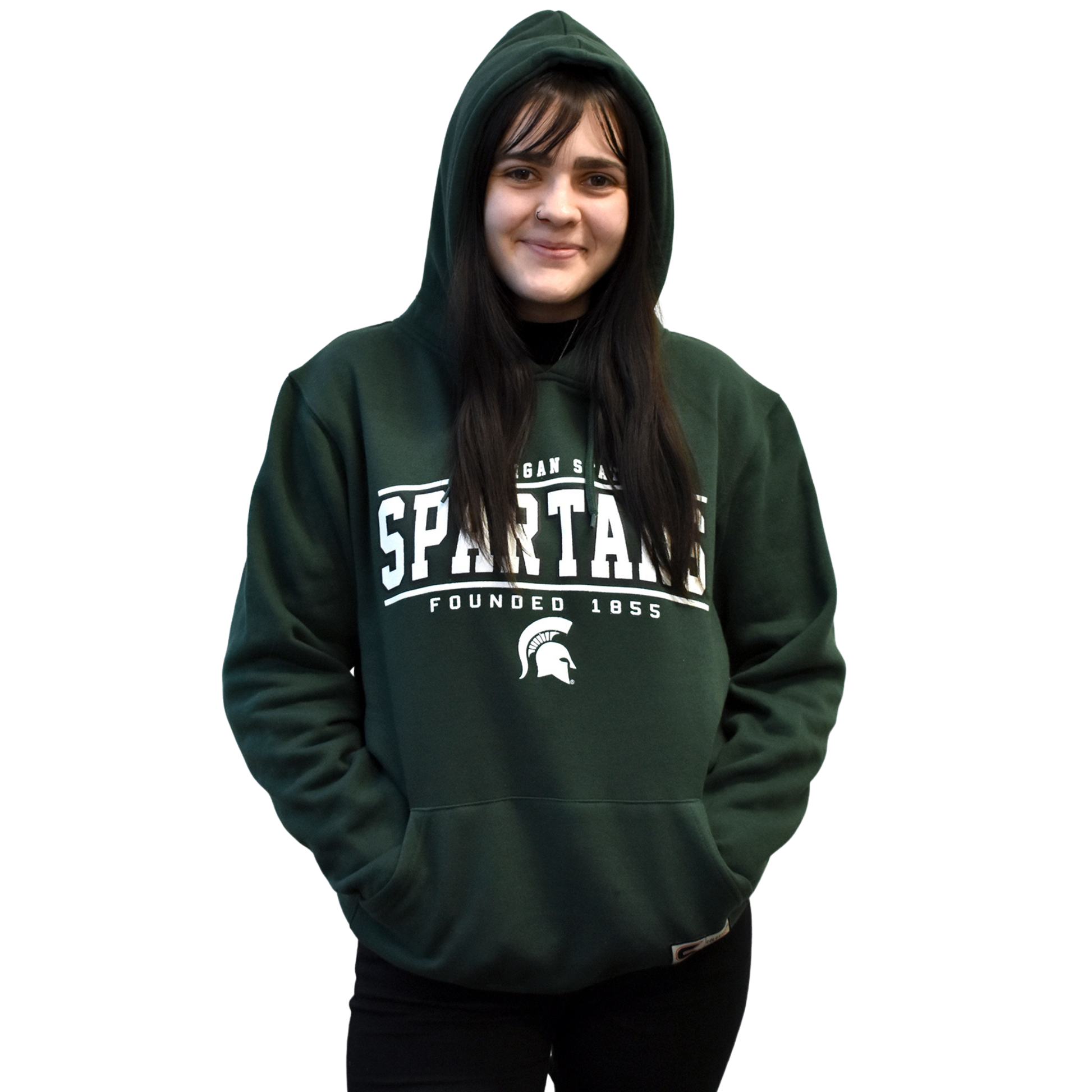 Woman modeling the hoodie with her hands in the kangaroo pocket and the hood up.