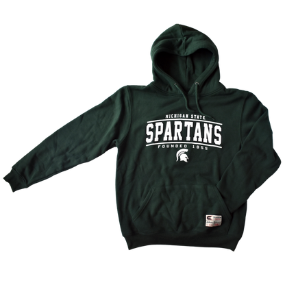 Forest green hooded sweatshirt with matching shoelace-style drawstrings and a kangaroo pocket. Printed in white on the center chest are three slightly curved lines of text over a small white Spartan Helmet logo. The top line reads Michigan State, second line is Spartans, and bottom line is Founded 1855.