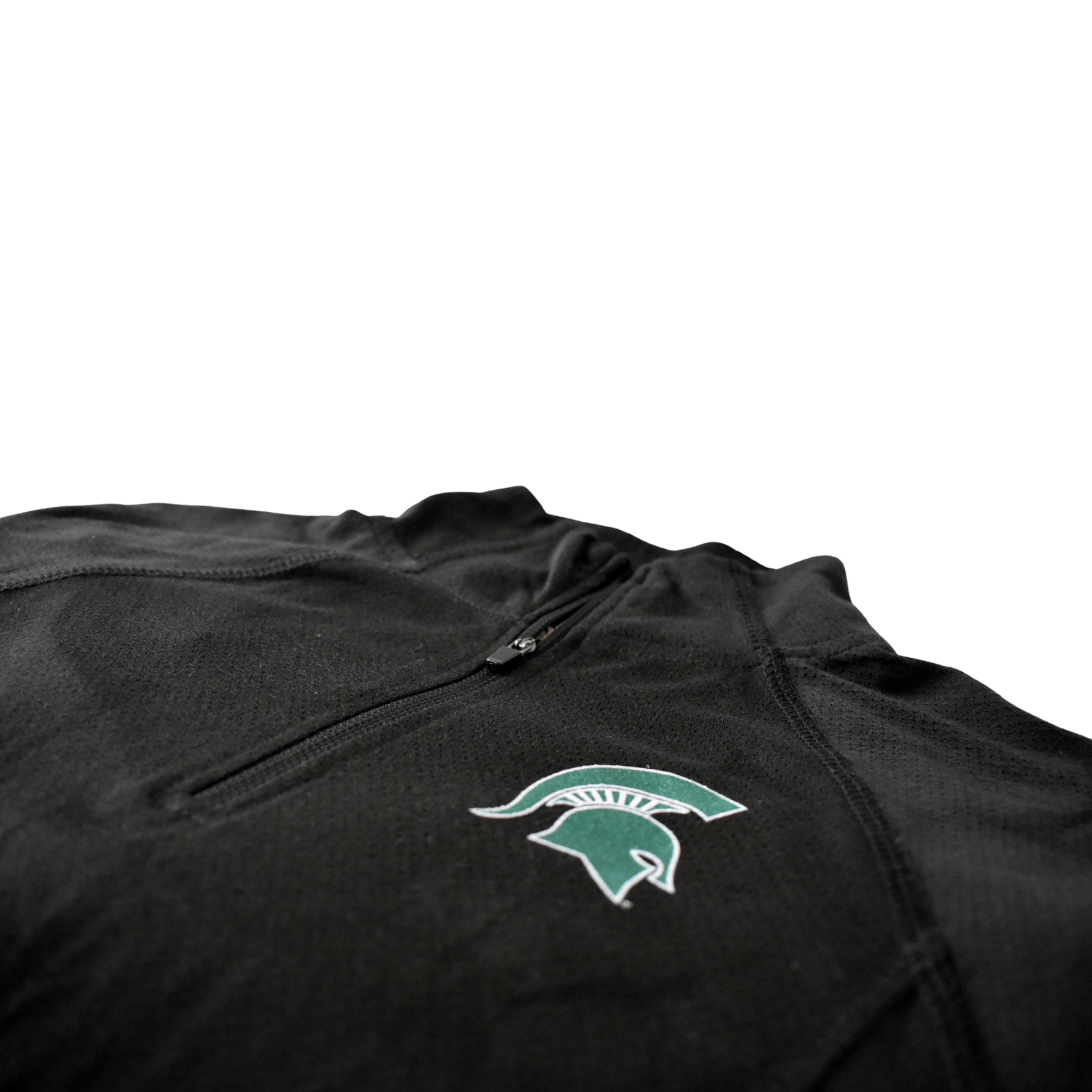 Close up of the Spartan Helmet logo on the chest and the raglan style contours leading to the quarter-zip collar.