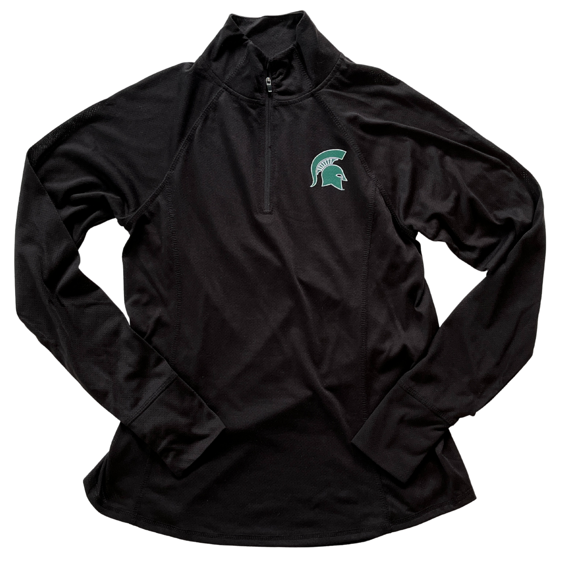 Black quarter-zip with a rounded hem and contour lines. The Colosseum logo is on the left forearm, with a reflective green Spartan Helmet logo outlined in white on the upper left chest.