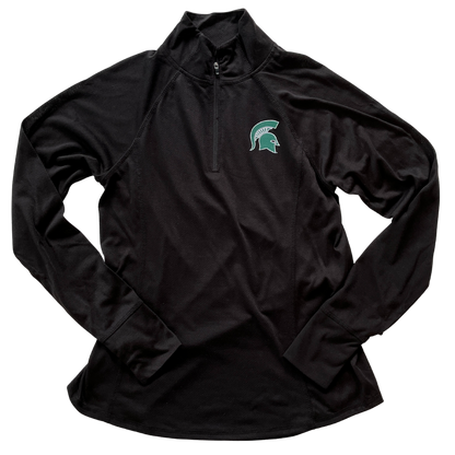 Black quarter-zip with a rounded hem and contour lines. The Colosseum logo is on the left forearm, with a reflective green Spartan Helmet logo outlined in white on the upper left chest.