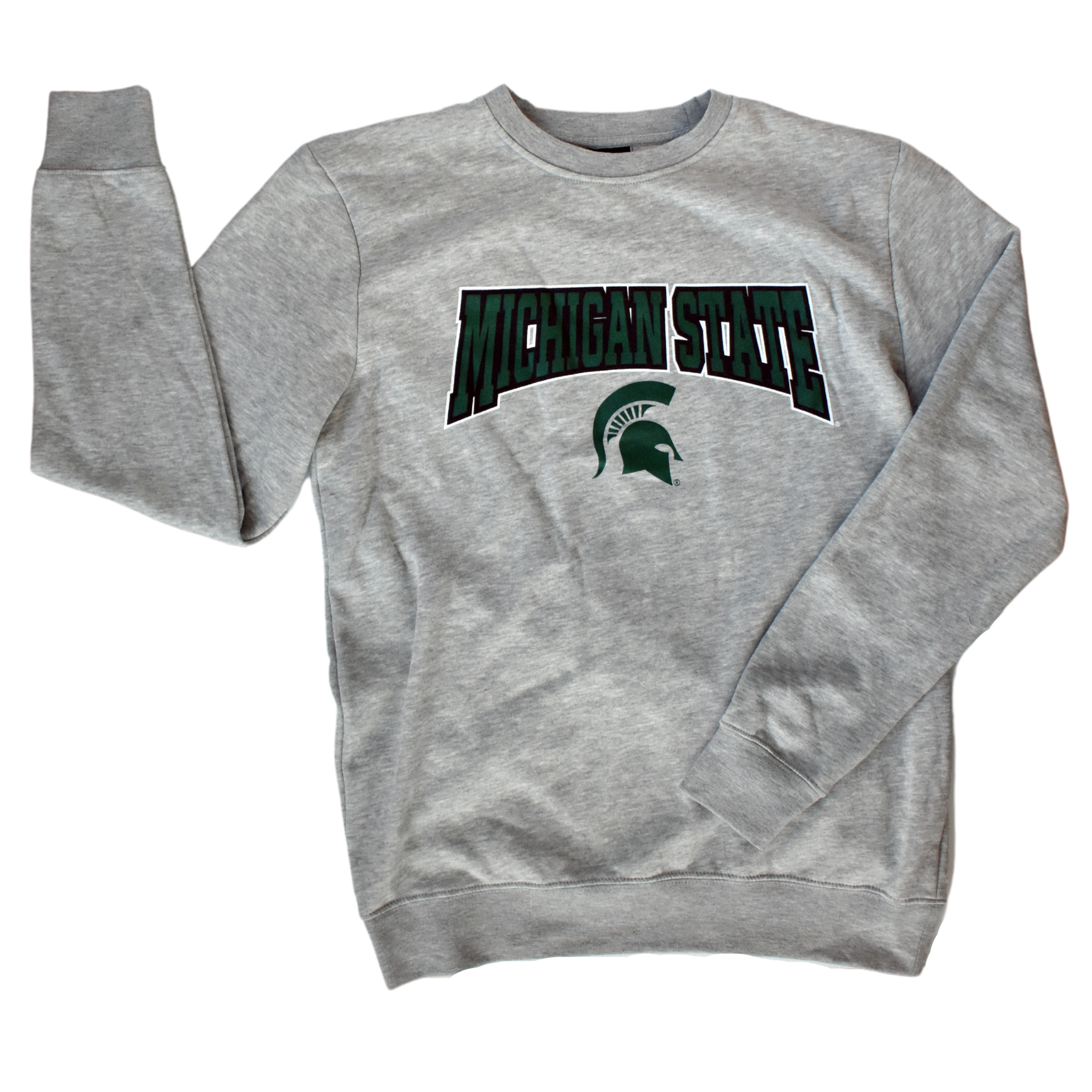 Light heather gray crewneck sweatshirt. Printed in dark green with black and white outlines on the center chest is bold block letters spelling Michigan State in a slight arch, which is over a medium-sized green Spartan helmet.