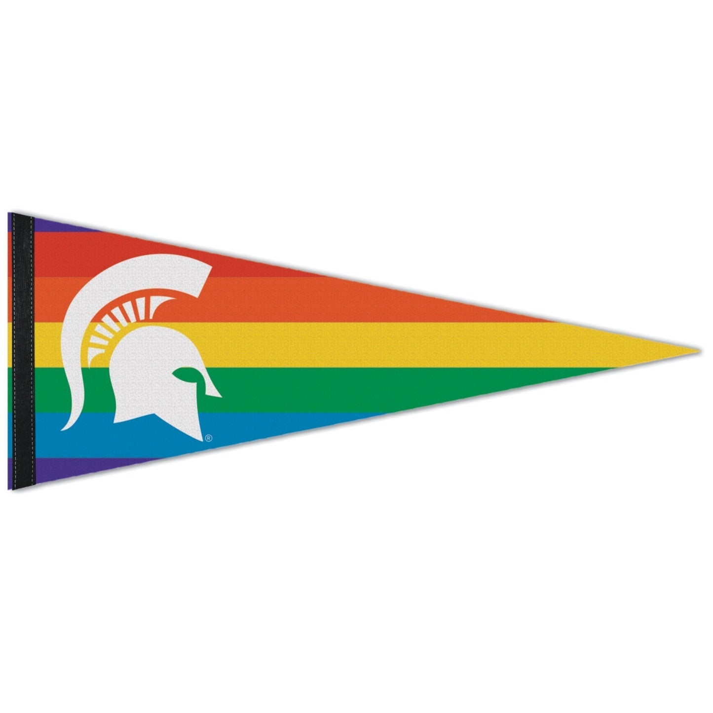 Red, orange, yellow, green, blue, and purple horizontally-striped pennant flag. Printed on the tall end is a large white Spartan Helmet logo.