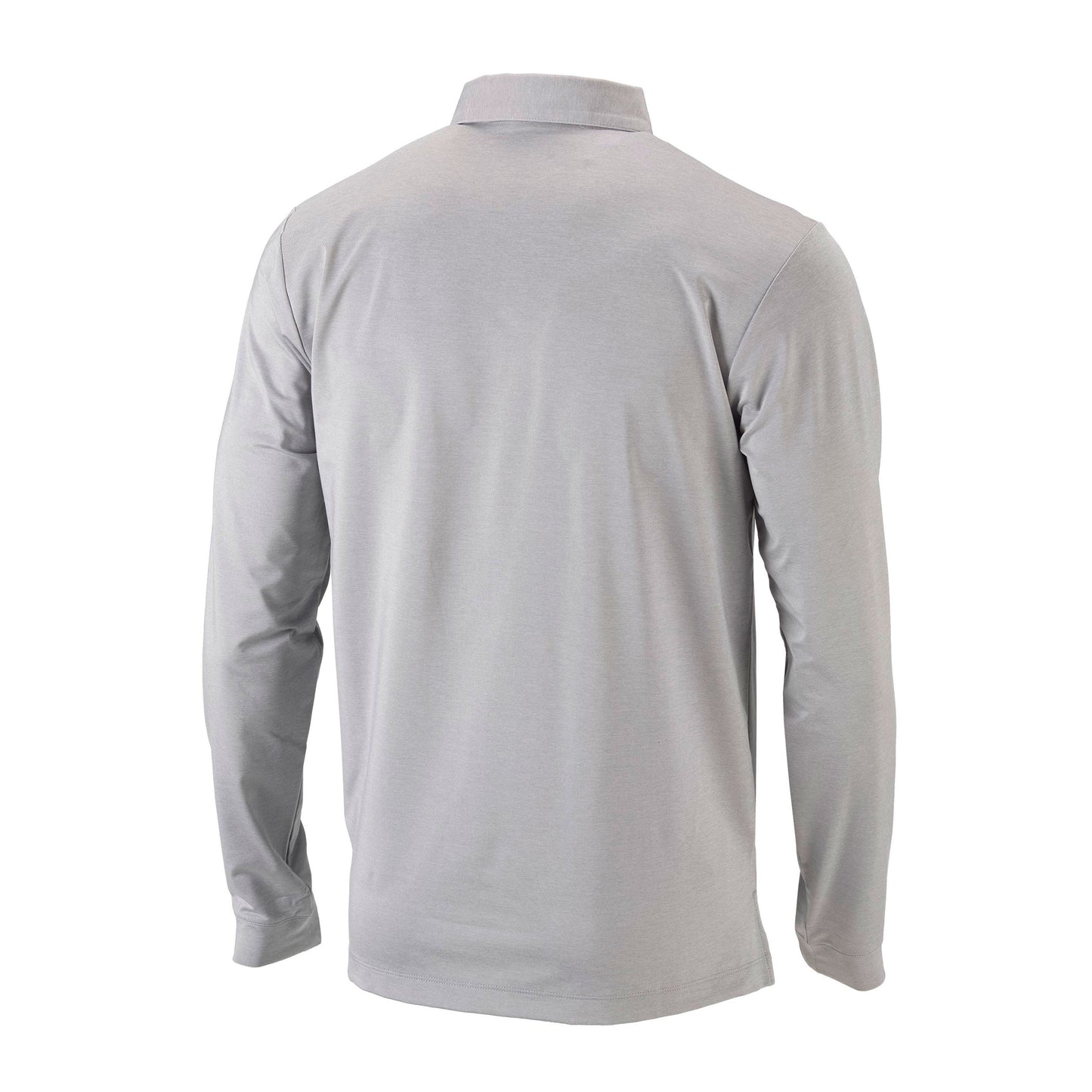 Back of a gray long sleeve polo shirt. 