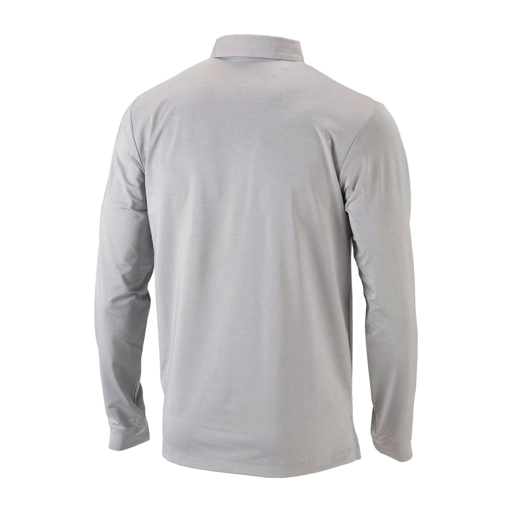 Back of a gray long sleeve polo shirt. 
