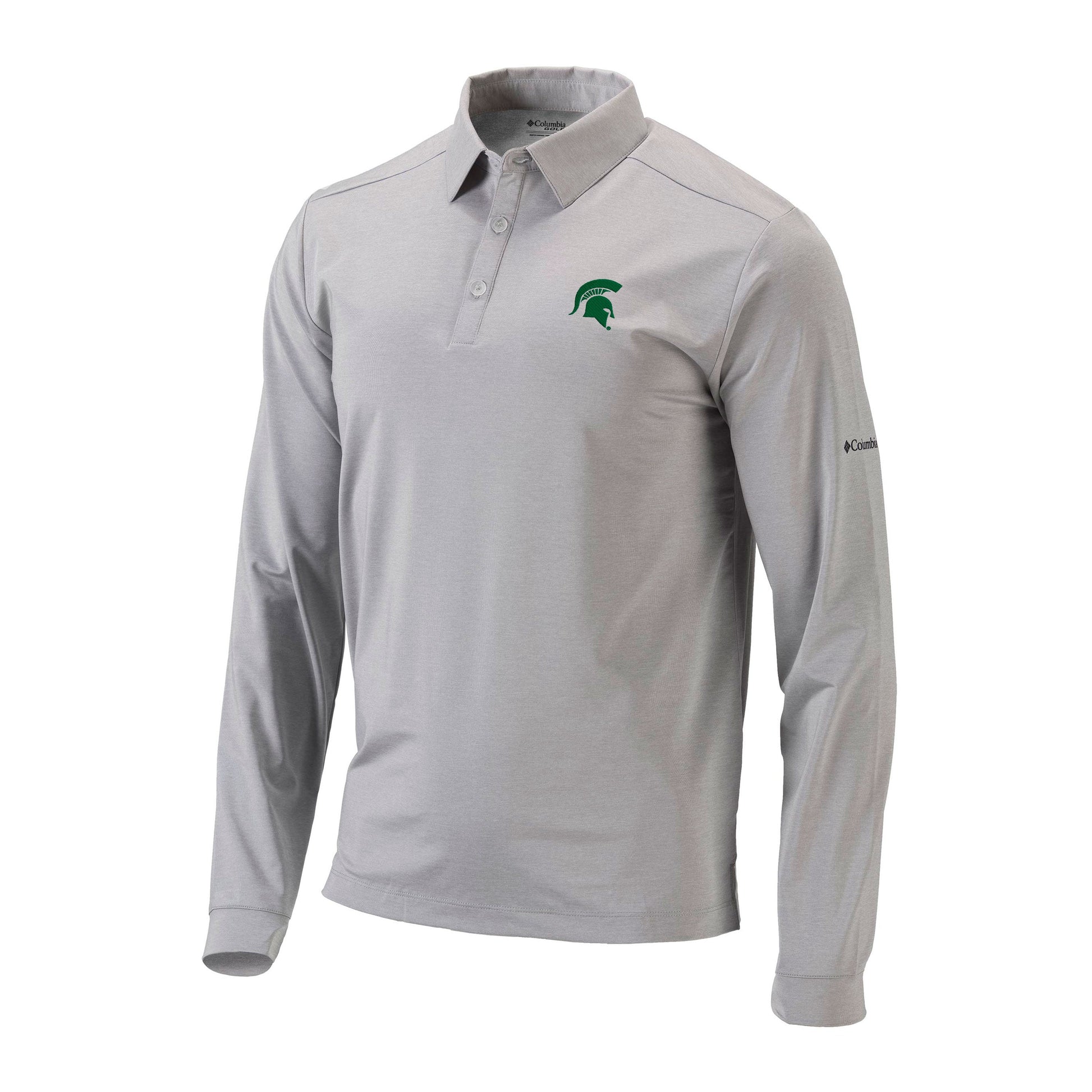 A gray, long sleeve polo shirt with a green Spartan Helmet logo on the upper left chest and the signature Columbia logo on the right shoulder.