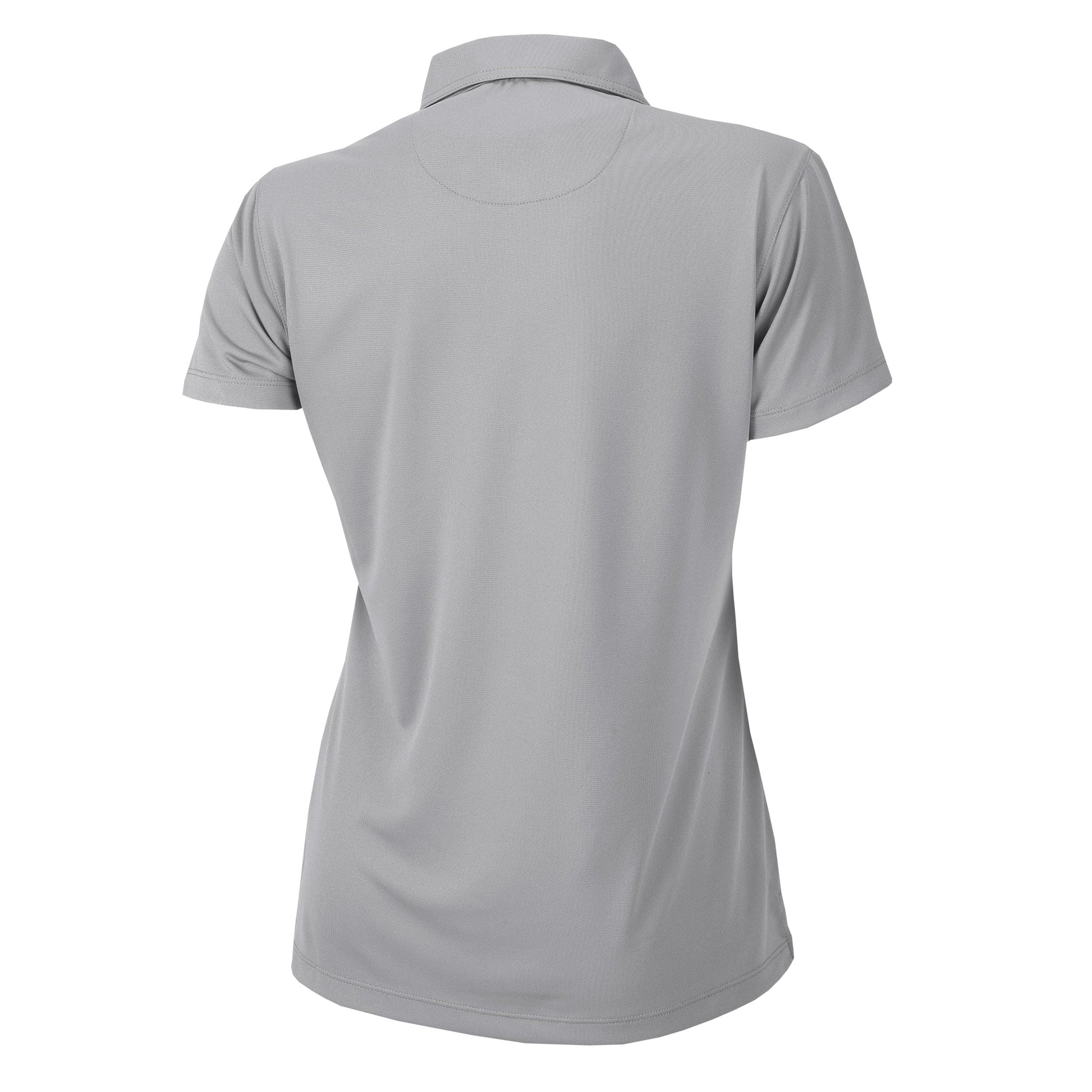Back of a woman's gray Columbia polo.
